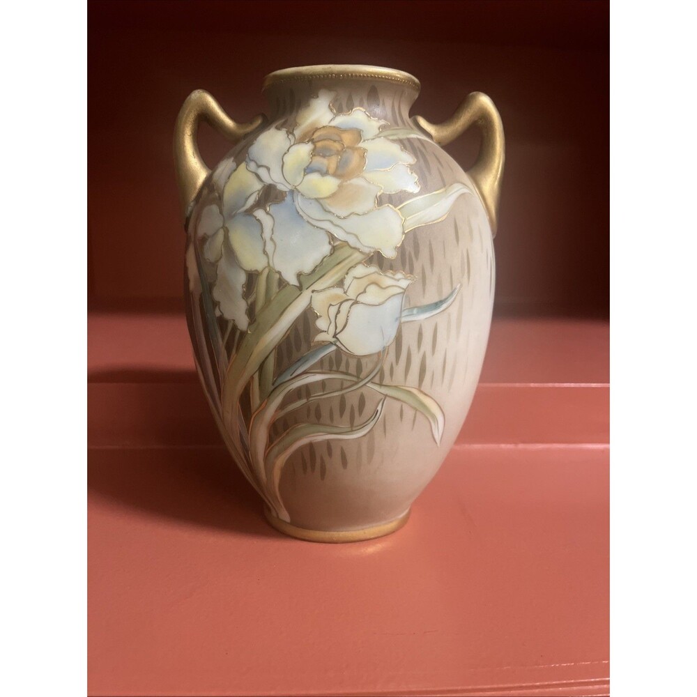 Nippon Vase Floral Hand-Painted Gold Trimmed double Handled Japan 7.5”